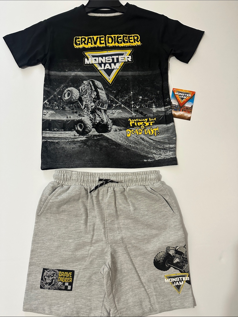 Monster Jam Grave Digger Kids Matching Set - Black Top & Gray Shorts
